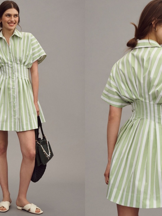Exquise Dresses & Skirts - Striped Mini Shirtdress in Light Green and White